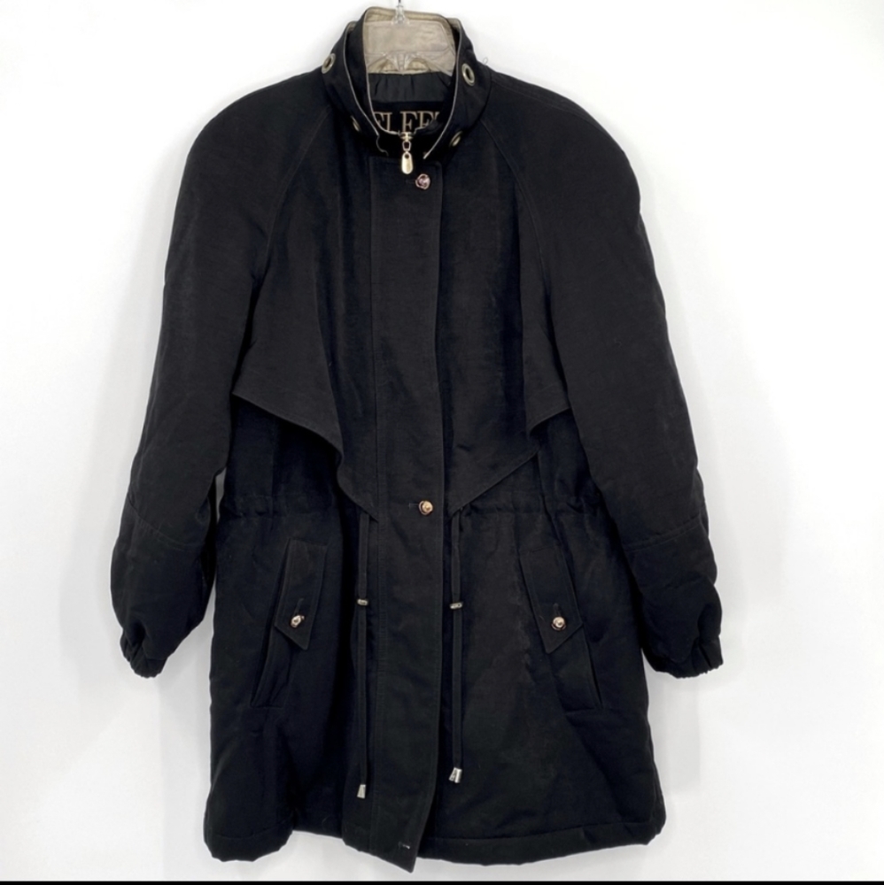 Fleet Street Vintage Raincoat Overcoat Black & Gold Anorak Drawstring Sz M